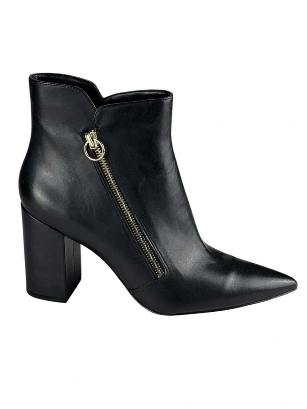 NINE WEST RUSSITY BLACK LEATHER POINTED TOE ASYMMETRIC ZIP ANKLE BOOTS BOOTIES